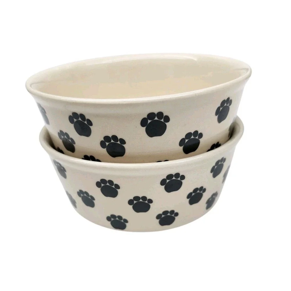 Fidos Diner Set of 2 Dog Dishes Stoneware Food Or Water Bowls Beige Paw Prints